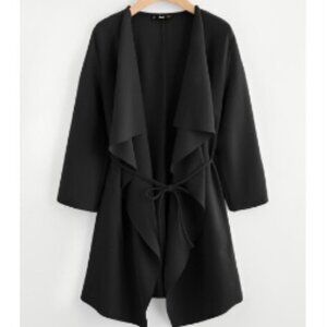 SHEIN black small waterfall collar pocket front wrap coat